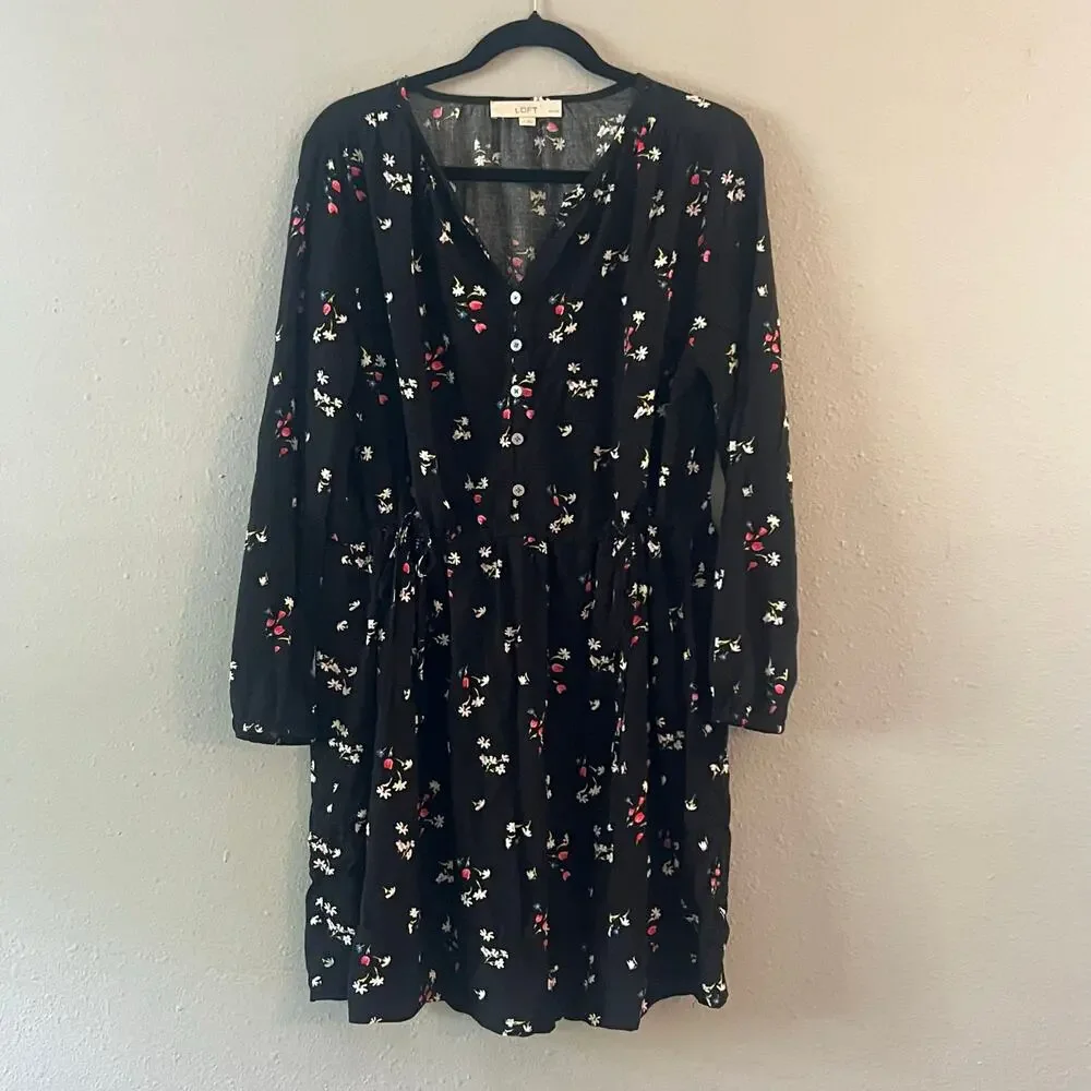 LOFT Petites Floral Side Tie Button Dress Black Long Sleeve Size Large Petite - Picture 2 of 6
